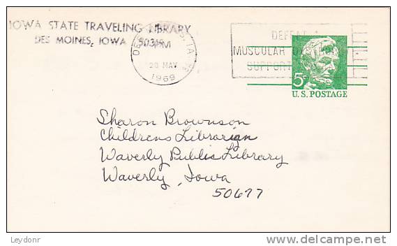 Postal Card - Abraham Lincoln -  Scott # UX55 -  Iowa State Traveling Library  To Waverly Public Library - Postmarked .. - 1961-80