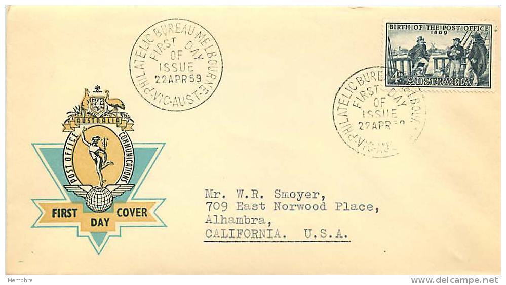 1959  Australian Post Office 150th Ann On  Generic  Yellow-background Post Office FDC To USA  SG 331 - FDC