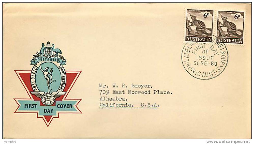 1960   6 D.  Numbat Definitive  Pair On  Generic  Post Office FDC To USA  SG 316 - FDC
