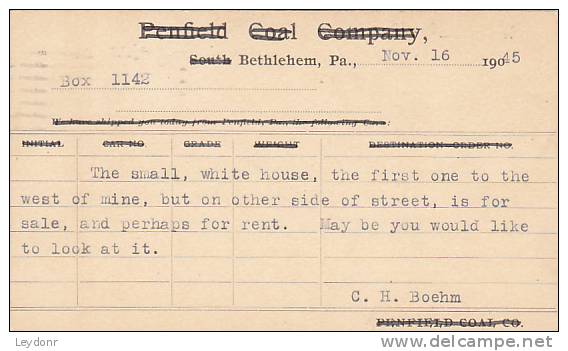 Postal Card - McKinley - UX18 -  Penfield Coal Company, South Bethlehem, PA - 1901-20