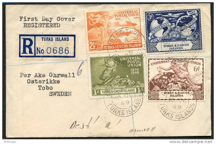 TURKS & CAICOS, UPU 1949 R-COVER FROM  ISLAND TO SWEDEN - Turks- En Caicoseilanden