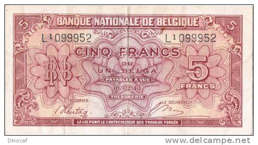 BELGIUM BANKNOTE 5 FRANCS 1943 - Sonstige & Ohne Zuordnung