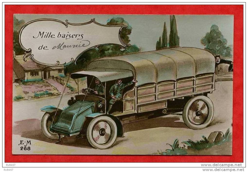 * Carte D´un Ancien Camion,camionette-Mille Baisers De...Maurice-1917(Carte Illustrée Au Toucher Photo) - Camion, Tir