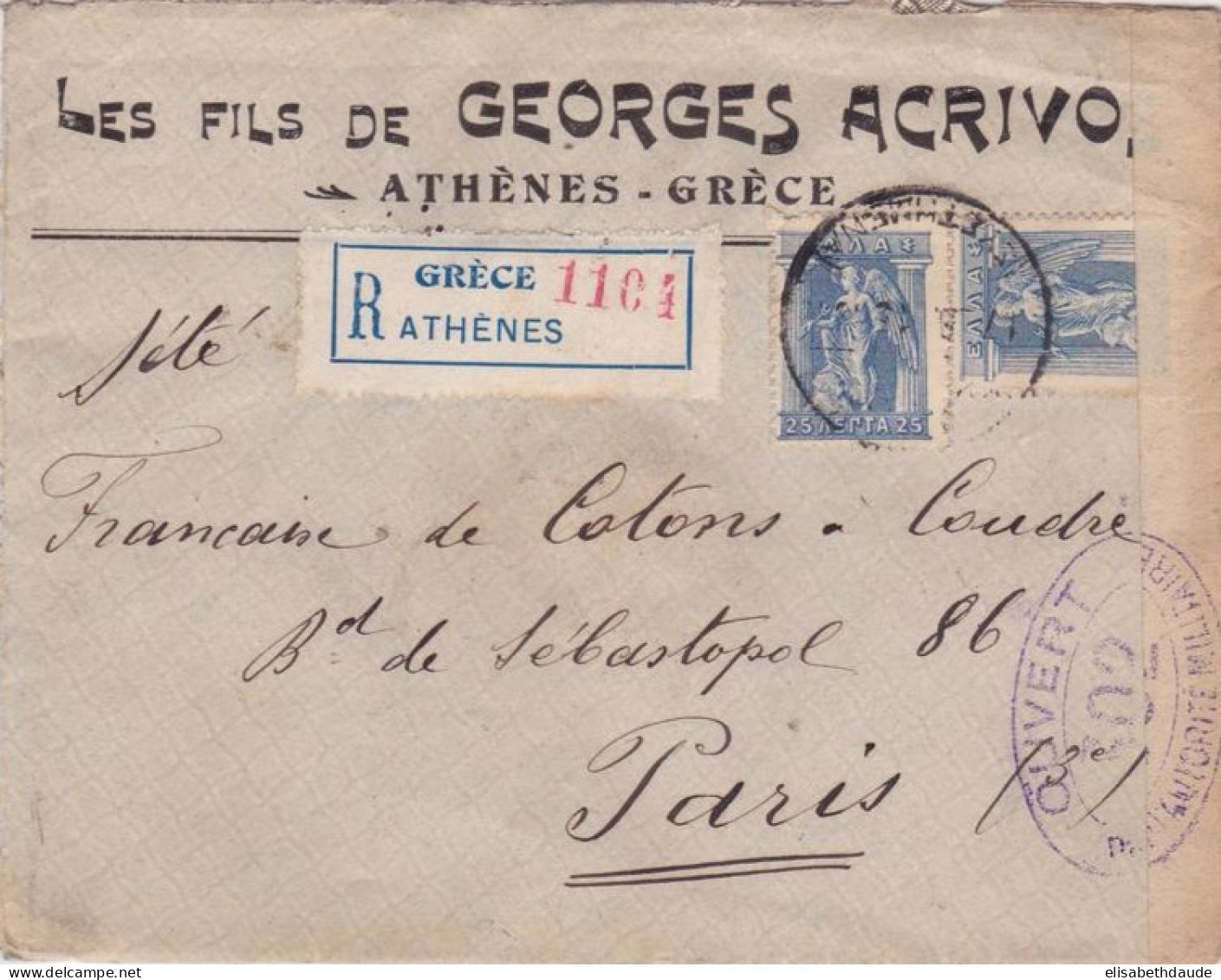 GRECE - 1915 - ENVELOPPE COMMERCIALE RECOMMANDEE Avec CENSURE De ATHENES Pour PARIS - Covers & Documents