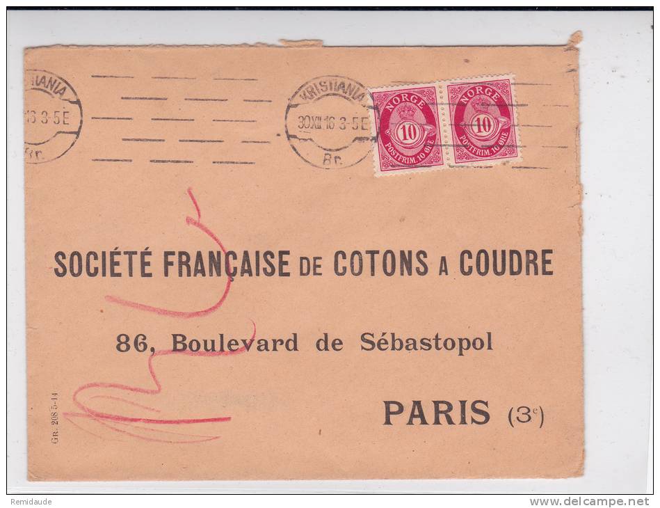 NORGE - 1916 - YVERT N°73 En PAIRE Sur ENVELOPPE COMMERCIALE De KRISTIANA Pour PARIS - Lettres & Documents