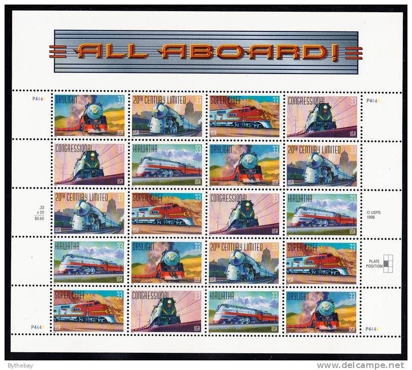 United States MNH Scott #3337a Minisheet Of 4 Strips Of 5 Different 33c Famous Trains - Hojas Completas