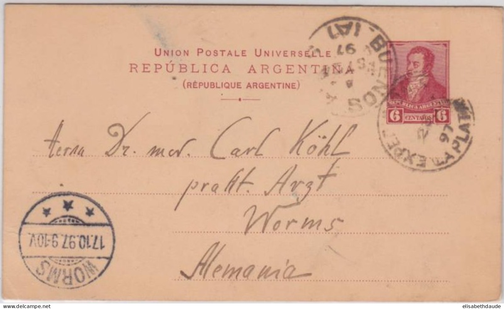 ARGENTINA - 1897 - CARTE POSTALE ENTIER De BUENOS AIRES Pour WORMS (GERMANY) - Postal Stationery