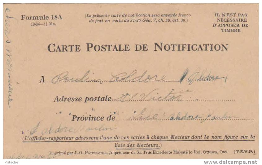 Élections Québec Canada - Carte Postale De Notification Beauce 1935 - État TB - 2 Scans - Partis Politiques & élections