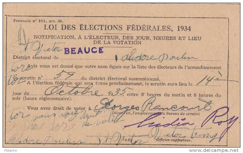 Élections Québec Canada - Carte Postale De Notification Beauce 1935 - État TB - 2 Scans - Parteien & Wahlen