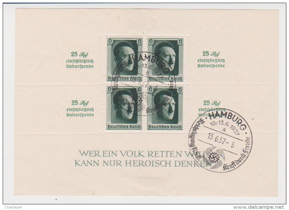 GERMANY 1937 HITLER BIRTHDAY With Inscription On Sides S/S Scott  #B104 Used Catalogue $67.50 - Used Stamps