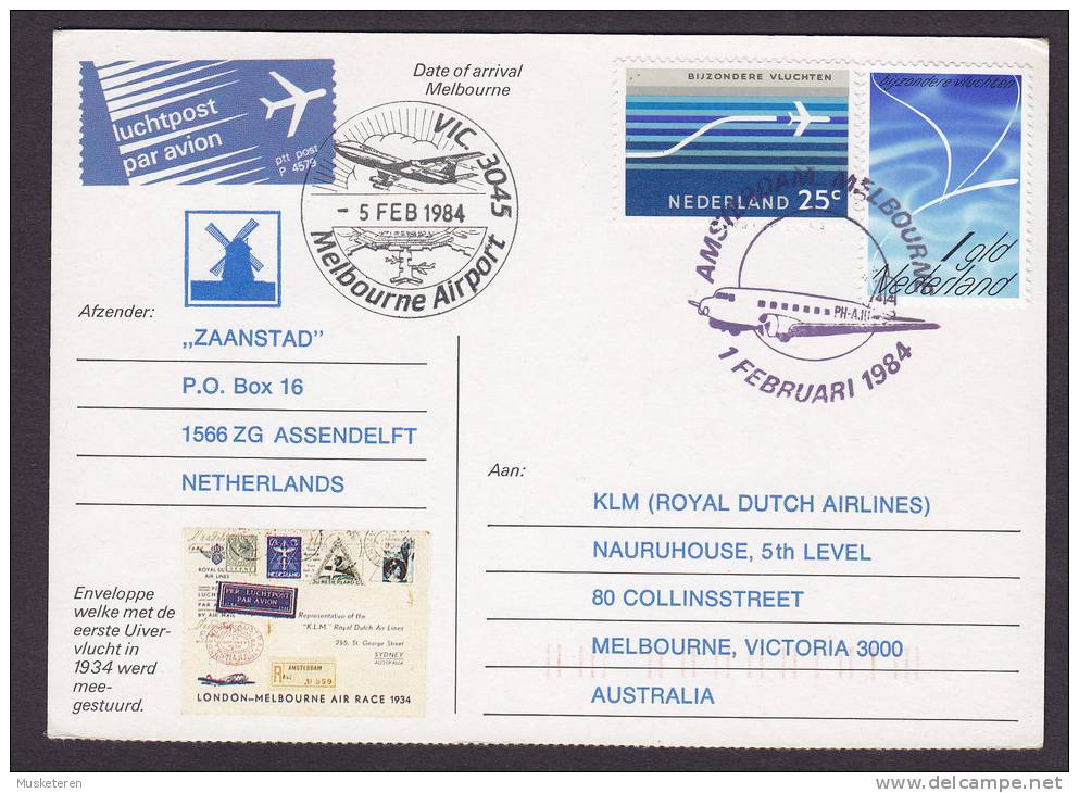 Netherlands Airmail Luchtpost Par Avion KLM Memorial Flight Card AMSTERDAM - MELBOURNE Australia (2 Scans) - Posta Aerea