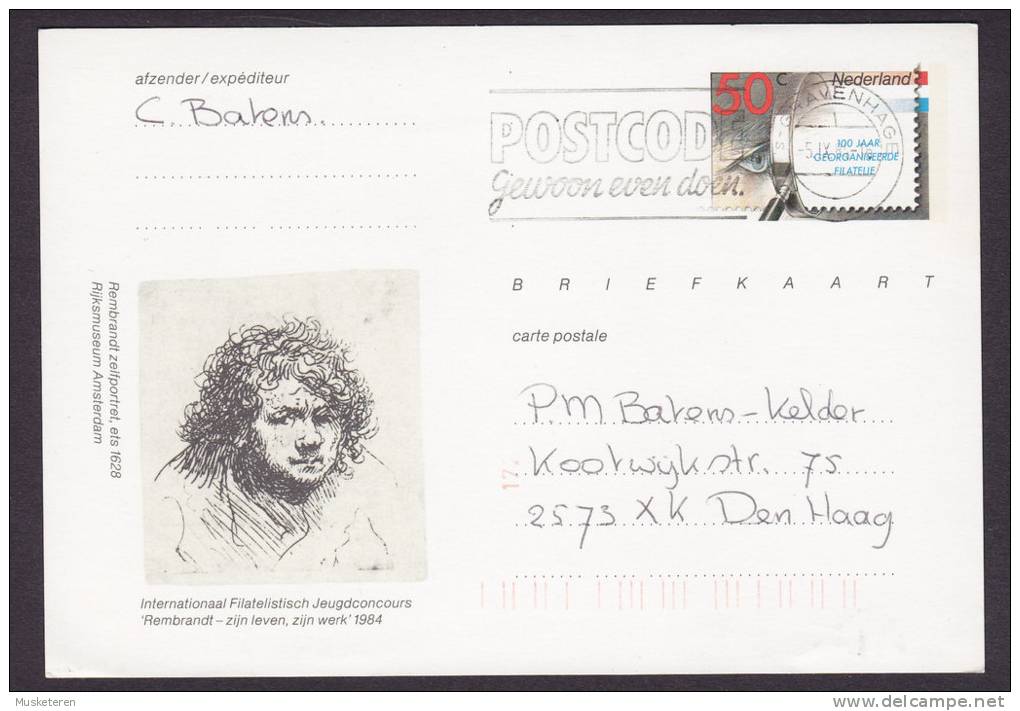 Netherlands Postal Stationery Ganzsache Entier Deluxe S'GRAVENSHAGE 1984 Postcode Slogan Card Rembrandt Cachet - Postal Stationery