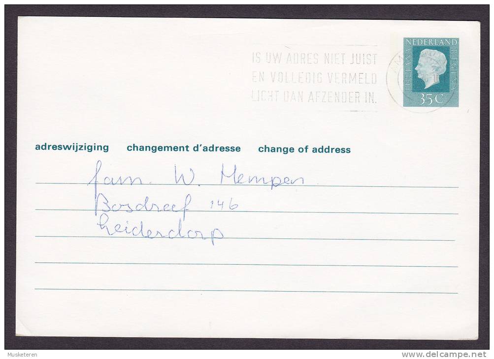 Netherlands Postal Stationery Ganzsache Entier AMSTERDAM 1976 Slogan Cancel Adreswijziging Changement D'Adresse - Postal Stationery