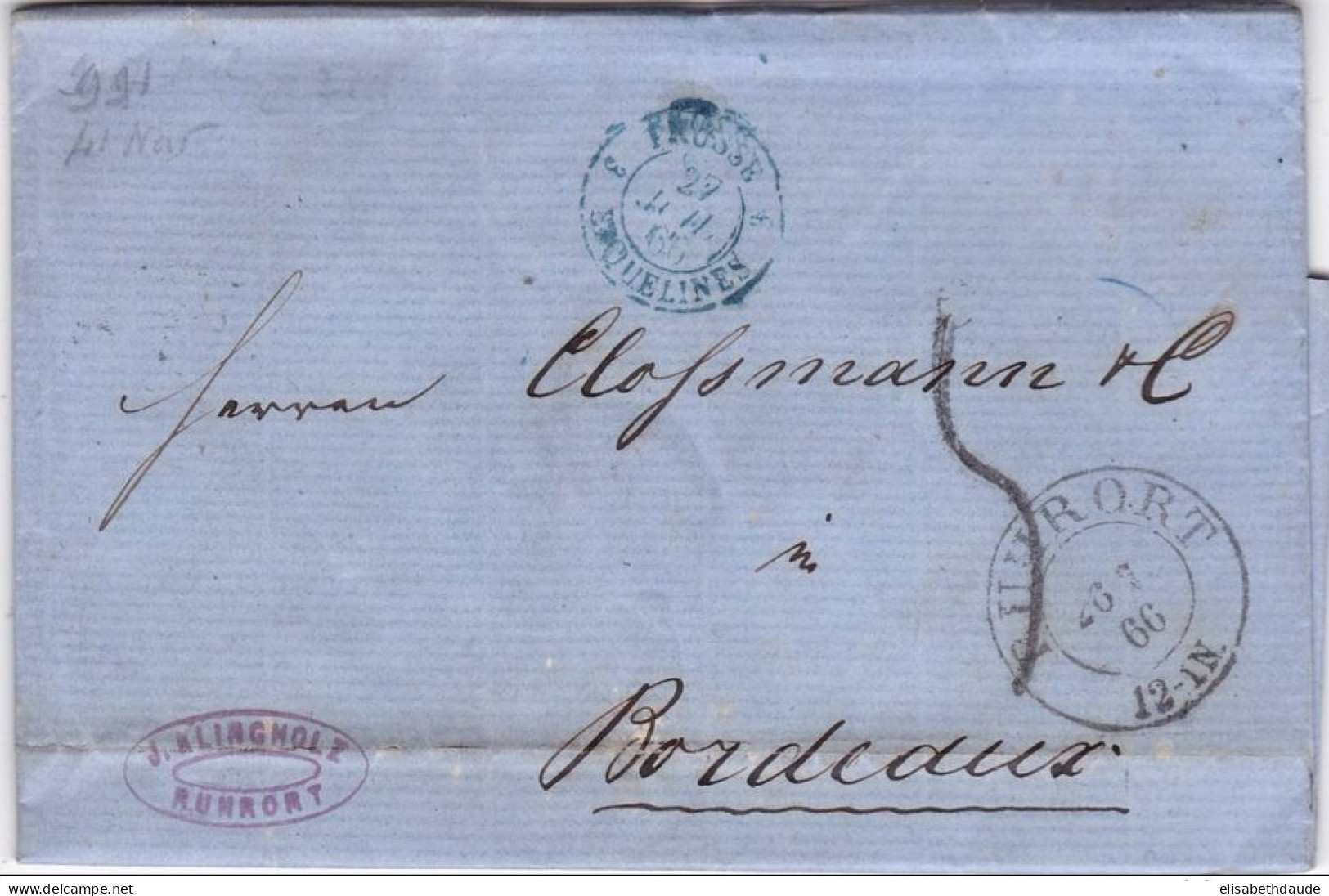 PRUSSE - 1866 - CACHET D'ENTREE En FRANCE Par ERQUELINES BLEU - LETTRE De RUHRORT Avec TAXE De 5 Pour BORDEAUX - Cartas & Documentos