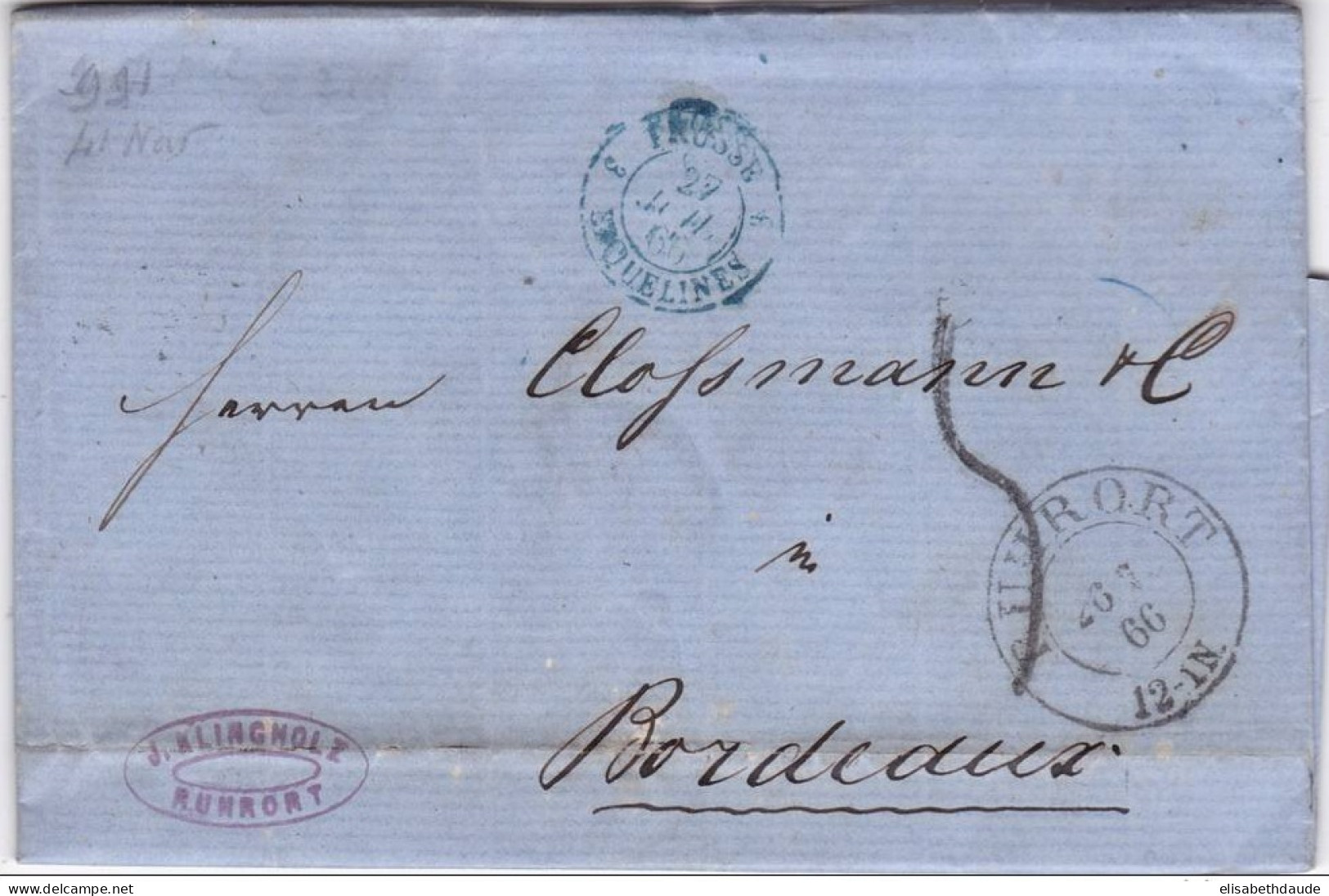 PRUSSE - 1866 - CACHET D'ENTREE En FRANCE Par ERQUELINES BLEU - LETTRE De RUHRORT Avec TAXE De 5 Pour BORDEAUX - Brieven En Documenten