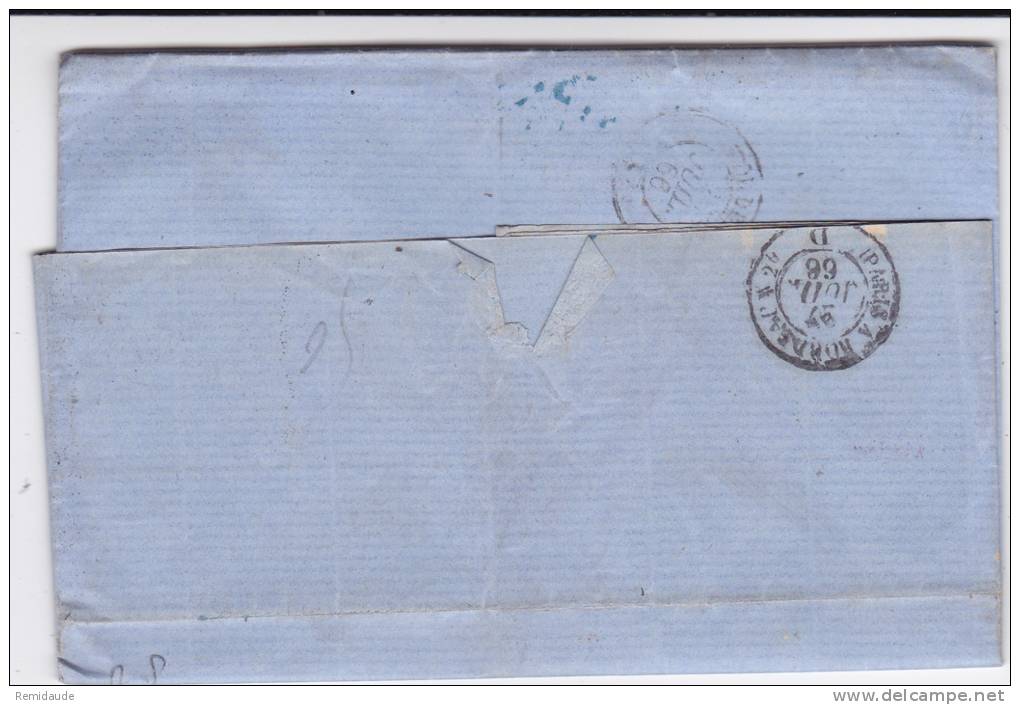 PRUSSE - 1866 - CACHET D'ENTREE En FRANCE Par ERQUELINES BLEU - LETTRE De RUHRORT Avec TAXE De 5 Pour BORDEAUX - Storia Postale