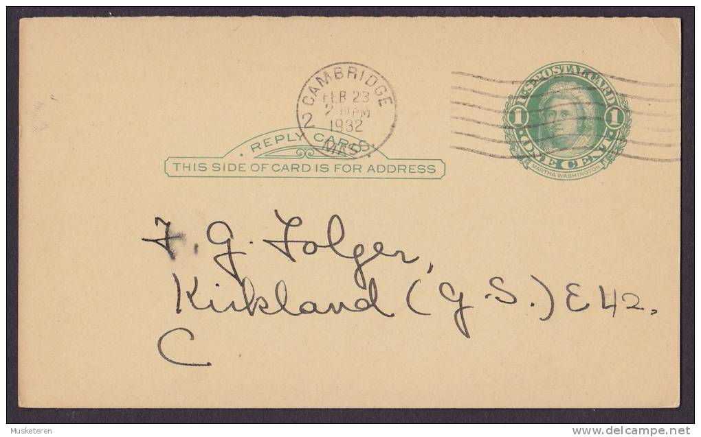 United States Private Postal Stationery Ganzsache Entier CAMBRIDGE Mass. 1932 Martha Washington (2 Scans) - 1921-40