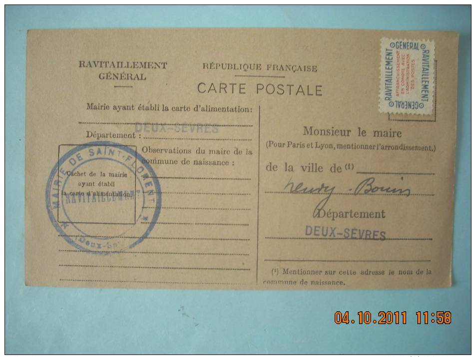 CARTE POSTALE  MAIRIE DE ST FLORENT 79    NEUVY BOUIN 79  MR GOICHON  FICHE DE CONTOLE - Guerre De 1939-45