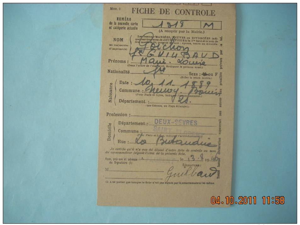 CARTE POSTALE  MAIRIE DE ST FLORENT 79    NEUVY BOUIN 79  MR GOICHON  FICHE DE CONTOLE - Guerre De 1939-45