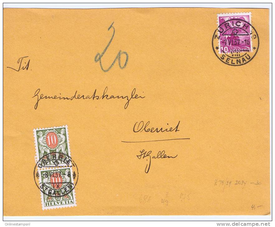 Switserland:  1937 Front Side Of Letter Zürich To St. Gallen With 10c Rotlila + 2 X 10 C Portomarken - Marcophilie