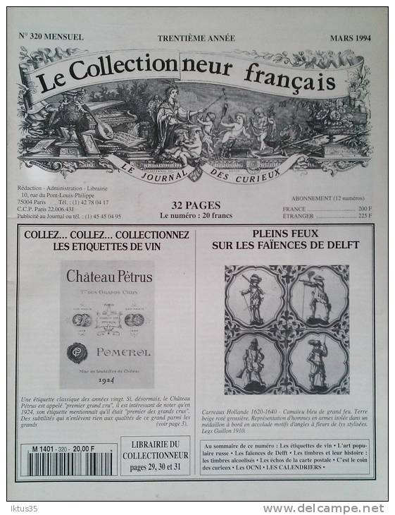 LE COLLECTIONNEUR FRANCAIS-REVUE N°320-ETIQUETTES VIN-ART POPULAIRE RUSSE-FAIENCES DELFT-TIMBRES ALCOLISES - Brocantes & Collections