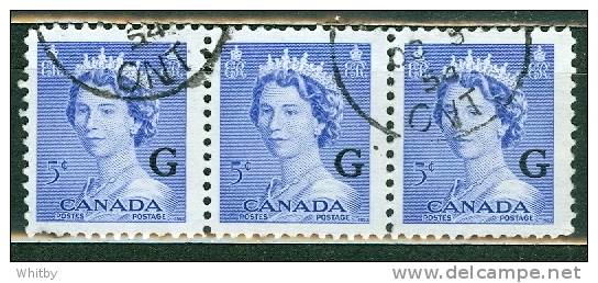 Canada 1953 5 Cent Karsh Issue #O37  Horizontal Triple - Overprinted