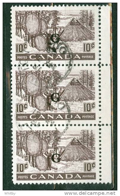 Canada 1950 10 Cent Drying Skins Issue #O36  Verticle Triple - Overprinted