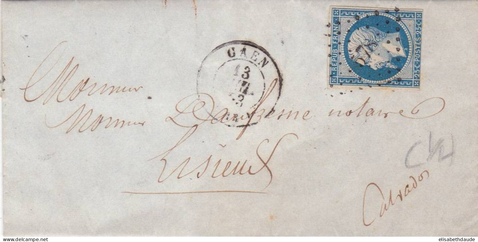 CALVADOS - 1853 - YVERT N°10 (COTE 100 EUROS) Sur LETTRE De CAEN (PC578) Pour LISIEUX - 1852 Luigi-Napoleone