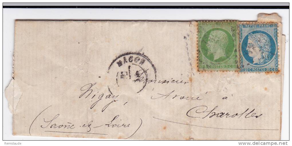 SAONE ET LOIRE - AFFRANCHISSEMENT Du 1 SEPT 1871 - YVERT N°20+37 MIXTE NAPOLEON / SIEGE Sur LETTRE De MACON - Tarifs Postaux