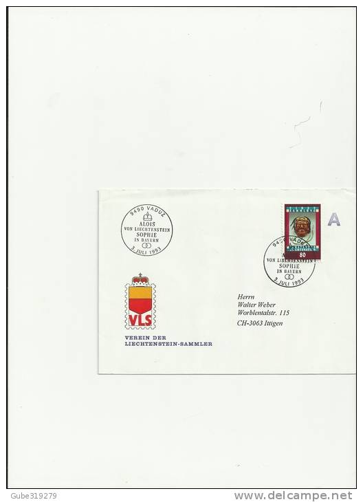 LIECHTENSTEIN 1993-ENVELOPE CIRCULATED VLSSPECIAL POSTM WITH 1 STAMP OF CHF 0,80 YVERT 1003 POSTM .3.JUL 1993RE 30 GN - Lettres & Documents