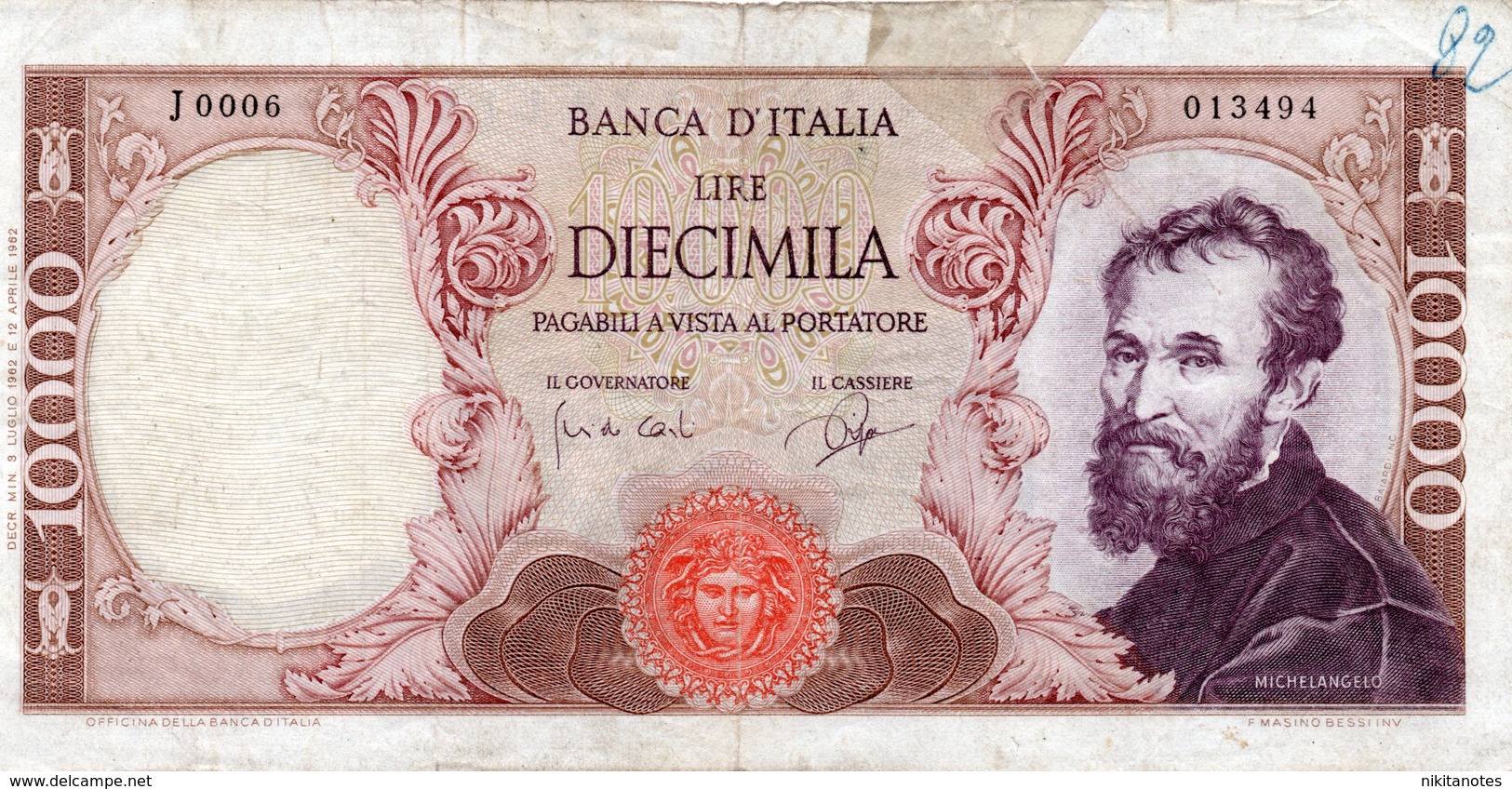 10000 LIRE MICHELANGELO DECR 3 LUGLIO 1962 See Scan - 10000 Lire