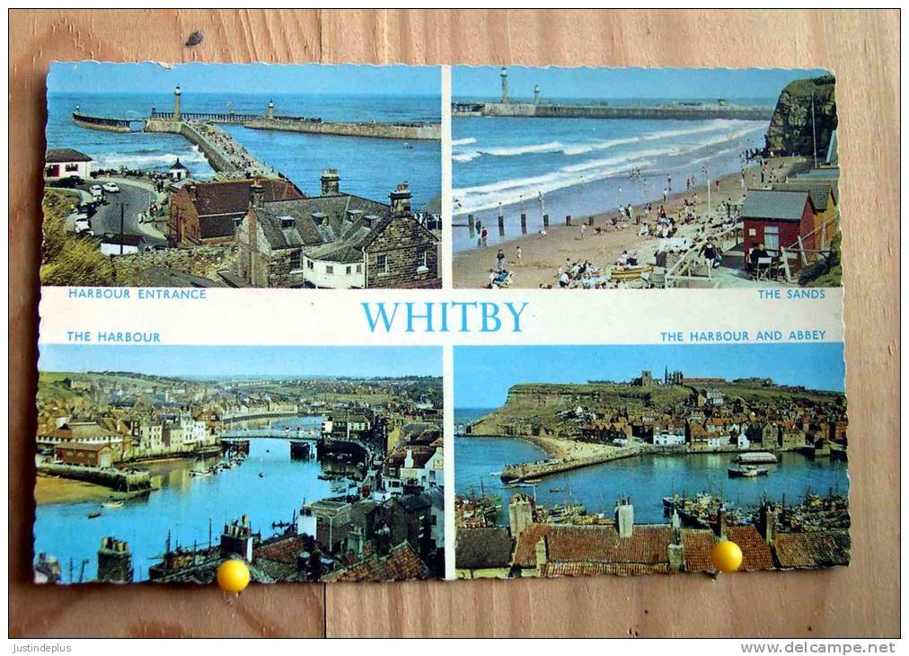 CPSM DENTELEE ROYAUME UNI WHITBY MULTIVUES HARBOUR ENTRANCE SANDS  HARBOUR AND ABBEY N° PLC 2567 CP VIERGE - Whitby