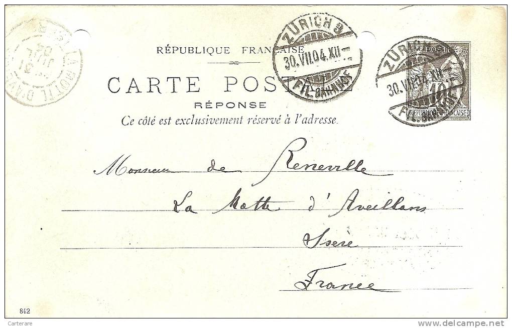 Suisse - Zurich Cachet Sur Entier Postal Français 10c Noir En  1904 - Postmark Collection