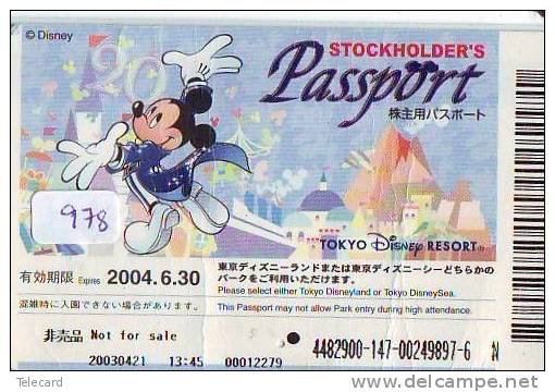 Disney Passeport Entreecard JAPON * TOKYO DISNEYLAND * STOCKHOLDERS  Passport (978) JAPAN * - Disney