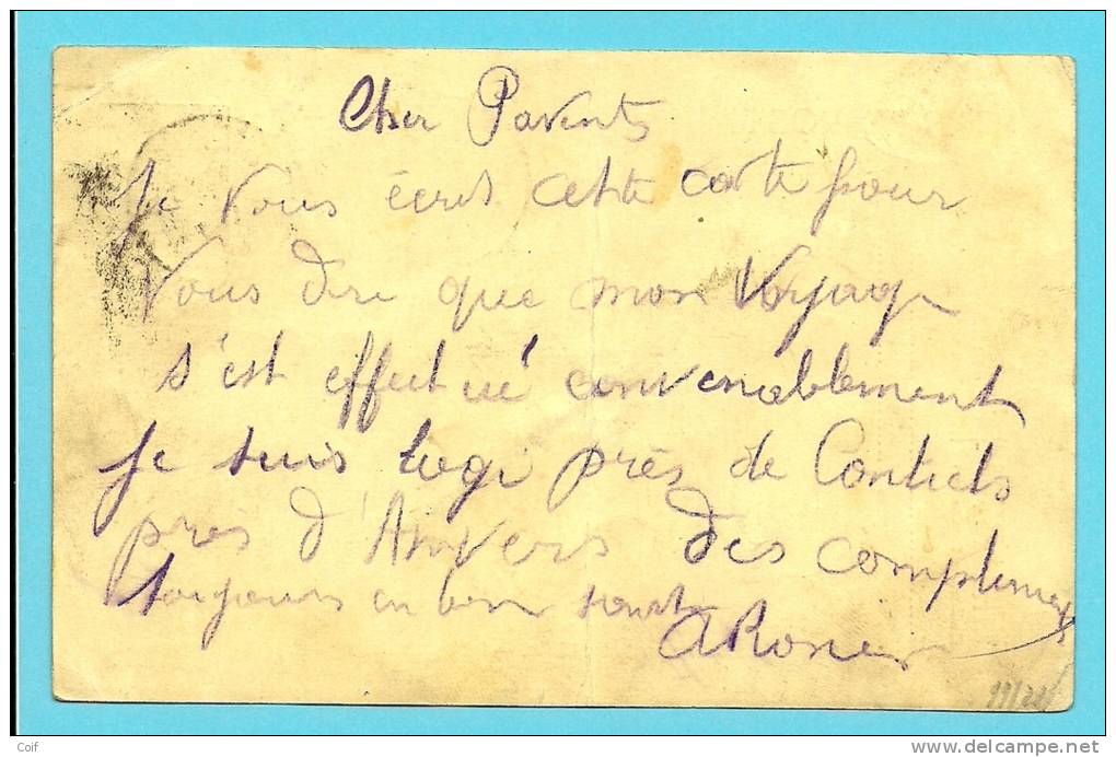 Entier Met Stempel CONTICH  Op 2/08/1914 Naar WASMES Op 3/08/1914 ( één Dag Voor Oorlog)(Offensief W.O.I) - Zona Non Occupata