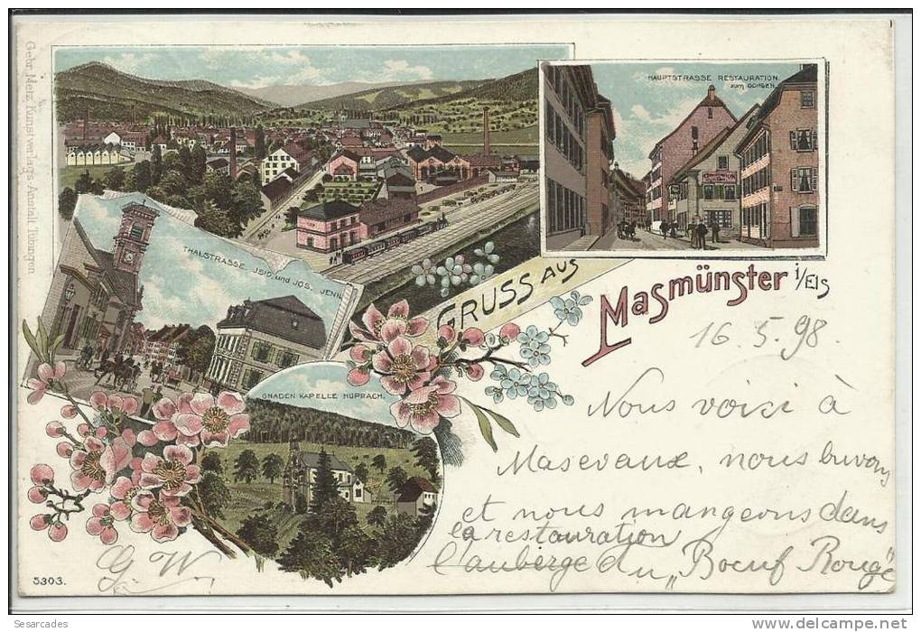 GRUSS AUS MASMÜNSTER,  (MASSEVAUX)1898,  LITHO, RESTAURATION ZUM OCHSEN, 2 SCANS - Masevaux