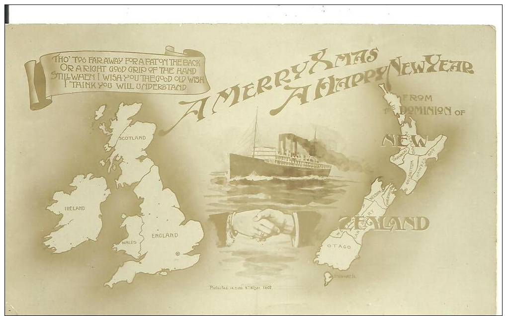 POSTCARD DEPICTING MAPS OF GREAT BRITAIN AND NEW ZEALAND AND STEAMSHIP - WRITTEN ON BUT NOT POSTED - 1911 - Maps