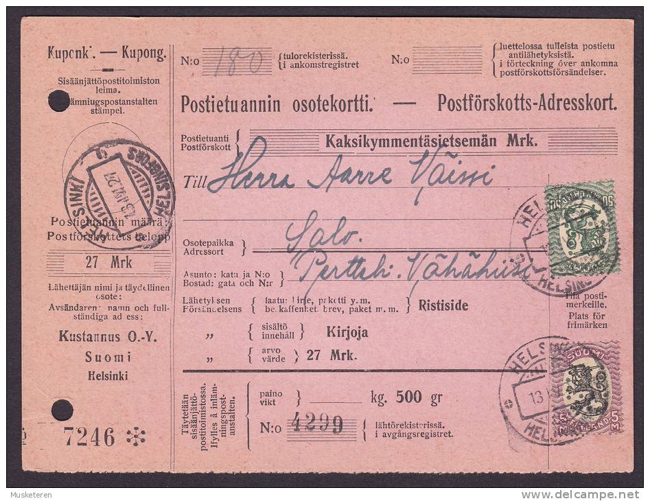 Finland Adresskort Packet Freight Bill Card HELSINKI 1927 To PERTELLI (2 Scans) - Storia Postale