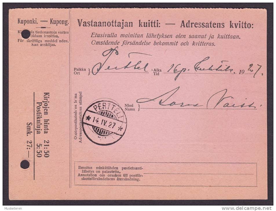 Finland Adresskort Packet Freight Bill Card HELSINKI 1927 To PERTELLI (2 Scans) - Storia Postale