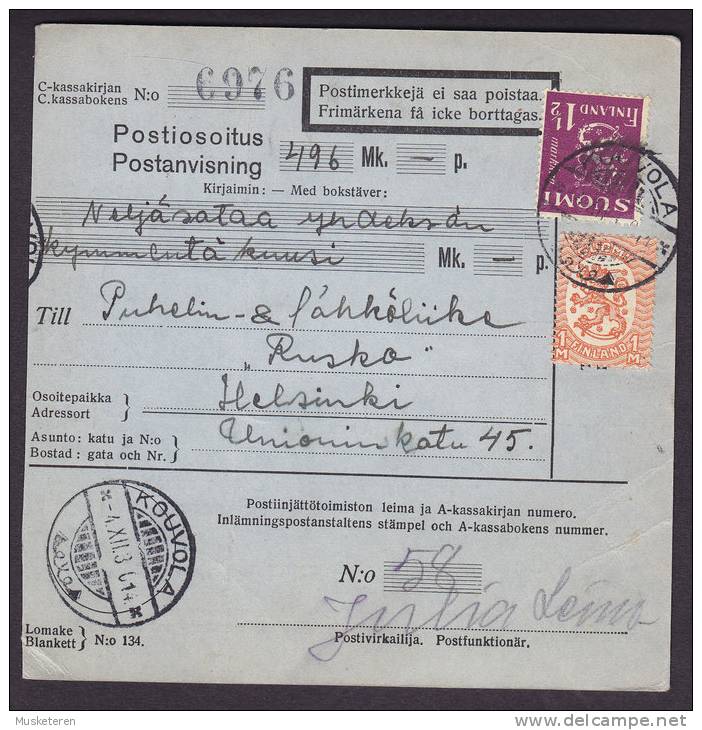 Finland Adresskort Packet Freight Bill Card KOUVOLA 1930 To HELSINKI (2 Scans) - Storia Postale