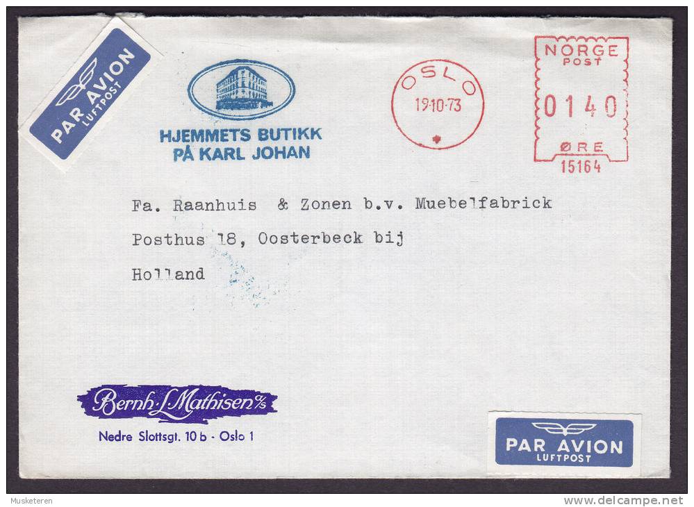 Norway Par Avion Luftpost Labels HJEMMETS BUTIKK PÅ KARL JOHAN (Blue) OSLO No. 15164 Meter Stamp Cover 1973 - Briefe U. Dokumente