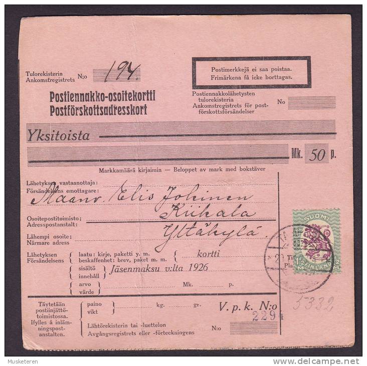 Finland Adresskort Packet Freight Bill Card TAMPERE 1927 To KUKALA (2 Scans) - Covers & Documents
