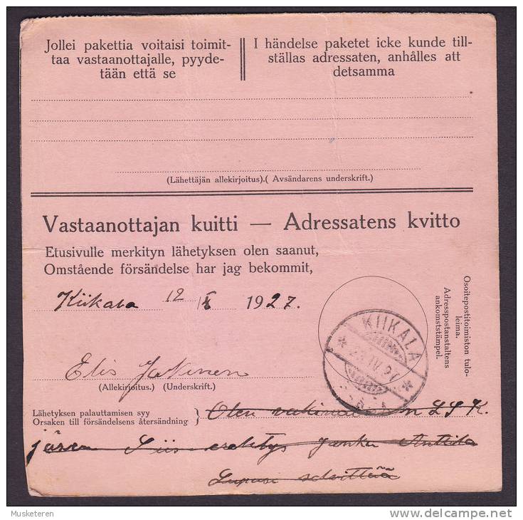 Finland Adresskort Packet Freight Bill Card TAMPERE 1927 To KUKALA (2 Scans) - Briefe U. Dokumente