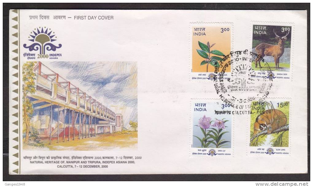 India 2000  IDEER STAG FLOWERS CAT  HERITAGE OF MANIPUR &amp; TRIPURA 4v FDC #21336  Indien Inde - Game