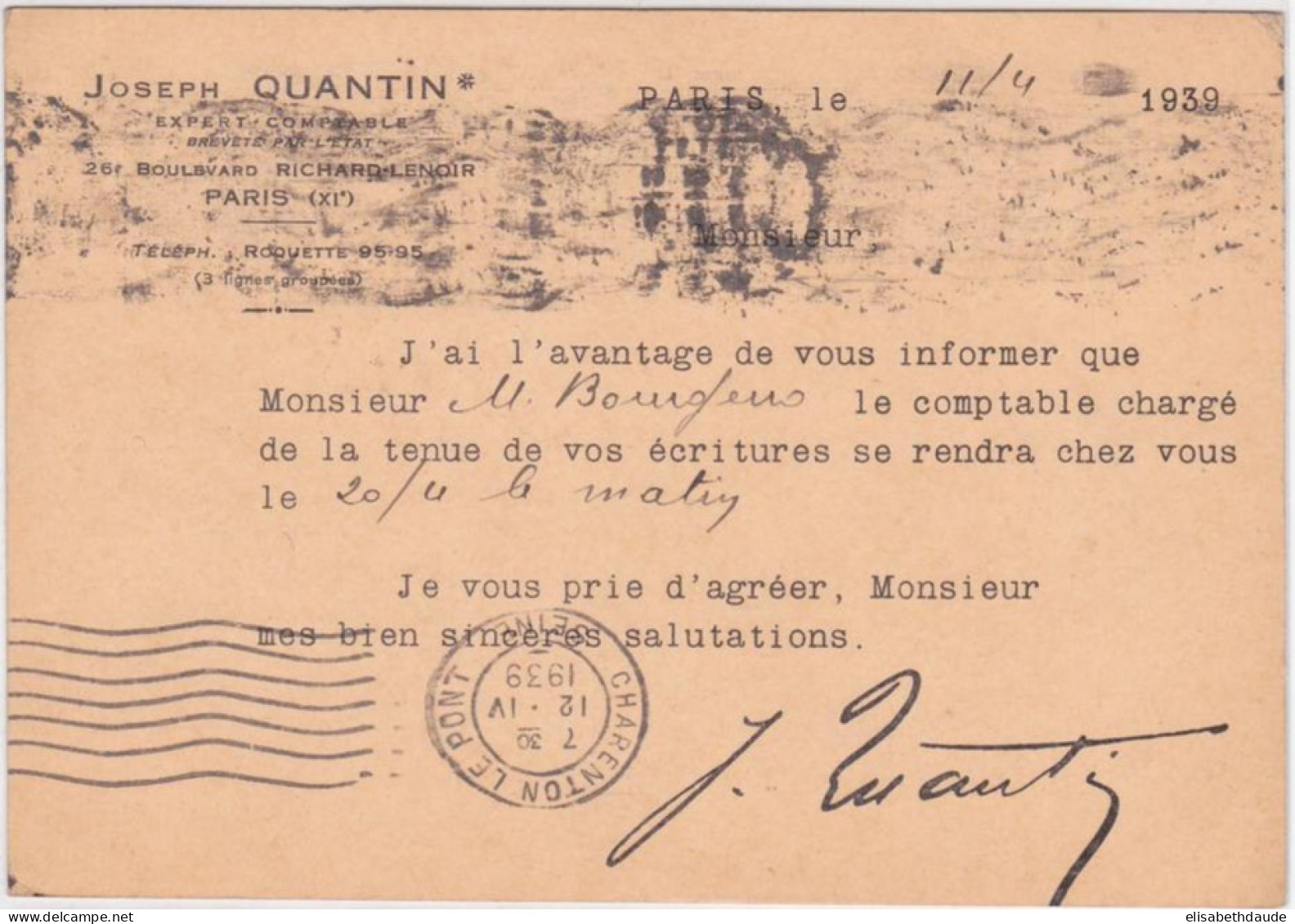 ENTIER POSTAL - TYPE PAIX - CP Avec REPIQUAGE PRIVE AU DOS "JOSEPH QUANTIN" à PARIS - 1939 - Bijgewerkte Postkaarten  (voor 1995)