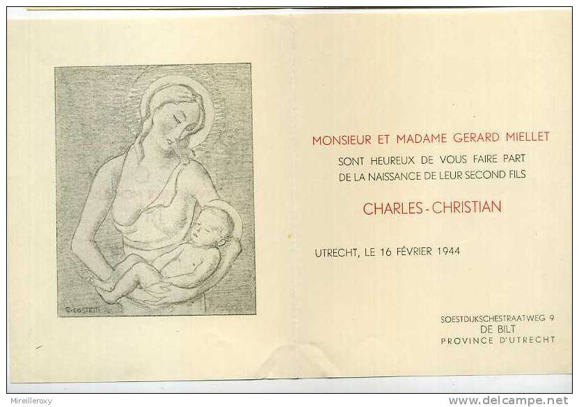 FAIRE PART DE NAISSANCE 1944 DESSIN VIERGE BEBE - Sonstige & Ohne Zuordnung