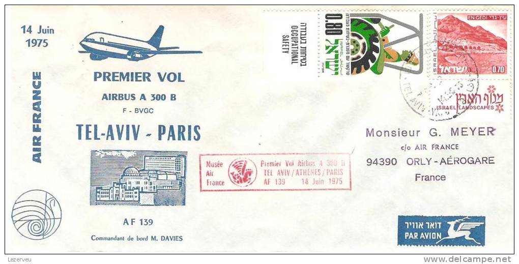 PREMIER VOL AIRBUS A 300 B TEL AVIV PARIS  AIR FRANCE AF 139 (PLI A GAUCHE) - Primi Voli