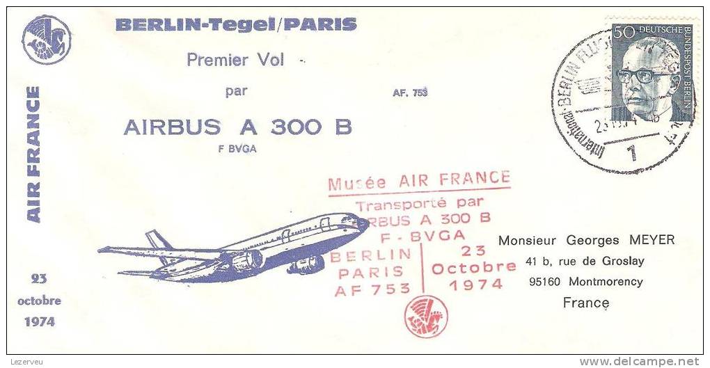 PREMIER VOL AIRBUS A 300 B BERLIN TEGEL PARIS AIR FRANCE AF 753  (PLI A GAUCHE) - First Flight Covers