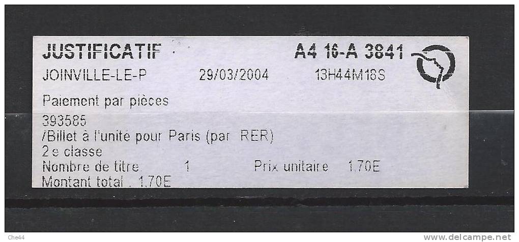 Ticket RATP SNCF. Justificatif !(Voir Commentaires) - Europe