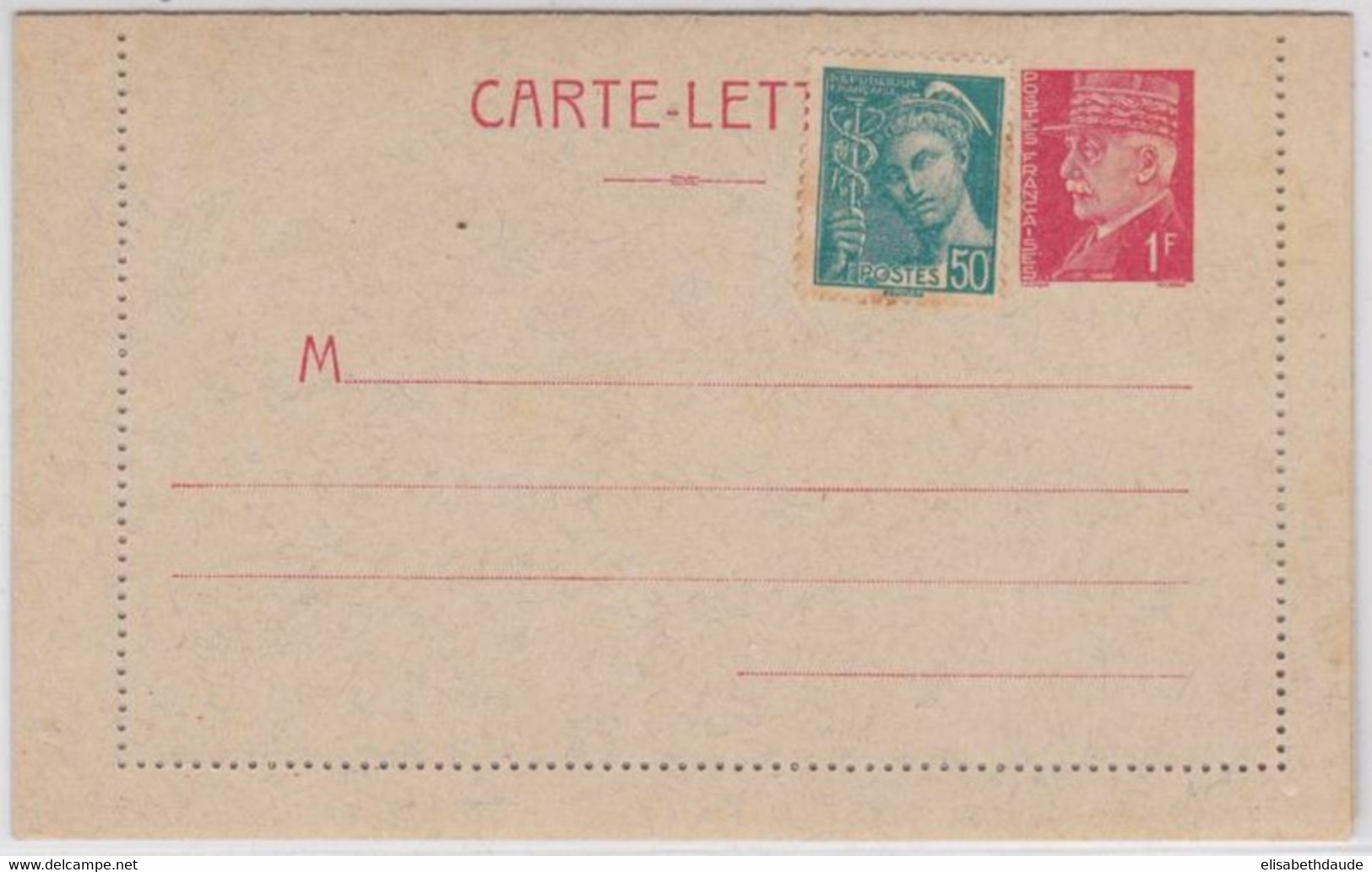 1941 - TYPE PETAIN - CARTE LETTRE ENTIER NEUVE COMPLEMENT MERCURE - STORCH C1 - COTE = 45 EUROS - Tarjetas Cartas
